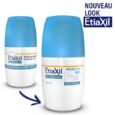 deux déodorants à bille etiaxil avec des bouchons bleus sont présentés. celui au premier plan est étiqueté pour les peaux sensibles avec une protection de 48 heures contre la transpiration et les odeurs. le texte indique « nouveau look etiaxil ». une flèche bleue pointe vers le flacon au premier plan.