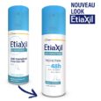 deux bombes déodorantes anti transpirantes etiaxil au bouchon bleu sont présentées. l'une porte la mention « déodorant » et l'autre « protection 48h » pour peaux sensibles. le texte « nouveau look » apparaît dans le coin.