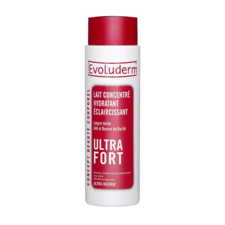 un flacon d'evoluderm lait concentre ultra fort, un lait corporel hydratant et éclaircissant au beurre de karité et à la jujube. le flacon est blanc avec un bouchon rouge et une étiquette rouge détaillant ses caractéristiques.