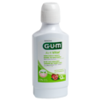 bouteille de bain de bouche sunstar gum activital avec bouchon blanc et étiquette verte. l'emballage met en valeur « gencives et dents saines au quotidien » et présente des images de pommes vertes et de grenade. contient 0 % d'alcool et de coenzyme q10.