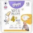 un paquet de 13 couches « happy » est présenté, étiqueté « soft & delicate » pour la taille 4+ maxi plus (9 15 kg). l'emballage comporte une illustration d'oiseau, un bébé qui rampe et des icônes pour la protection du microbiome et une lotion sans parfum.
