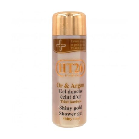 un flacon de gel douche ht26 paris, étiqueté « or & argan gel douche éclat d'or » et « shiny gold shower gel ». l'emballage est composé d'un bouchon doré et d'un contenant transparent laissant apparaître le gel doré à l'intérieur.
