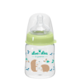 biberon transparent avec bouchon vert et tétine transparente. le biberon présente un design ludique avec deux hérissons et des éléments floraux. les noms de marque « luc et léa » et « ergosense » sont imprimés en bleu sarcelle sur le biberon.