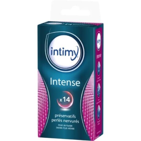 une boîte de préservatifs intimy intense contenant 14 pièces. l'emballage est bleu foncé et rose, avec un texte en français mettant en valeur les "perles nerveuses" pour un plaisir accru. le design comprend un petit logo circulaire et des graphiques de gouttes d'eau.