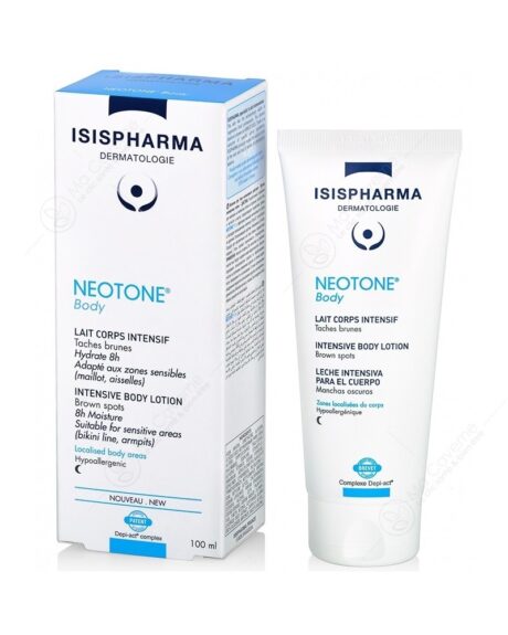 image du produit isispharma neotone body, avec une boîte et un tube. l'emballage comprend un texte bleu et noir indiquant qu'il s'agit d'une lotion corporelle intensive pour réduire les taches brunes, adaptée aux peaux sensibles et vulnérables.