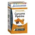 coffret de compléments juvamine étiqueté « articulations curcuma pipérine ». contient du curcuma, du poivre noir et une capsule. végétalien, 500 mg de plantes, pendant 30 jours à raison d'une capsule par jour.