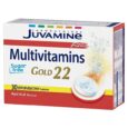 boîte de juvamine fizz multivitamins gold 22 contenant 30 comprimés effervescents. l'emballage met en valeur les caractéristiques « sans sucre » et « saveur fruits rouges » avec une image d'un comprimé à dissoudre.
