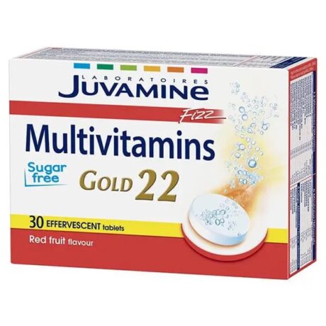 boîte de juvamine fizz multivitamins gold 22 contenant 30 comprimés effervescents. l'emballage met en valeur les caractéristiques « sans sucre » et « saveur fruits rouges » avec une image d'un comprimé à dissoudre.