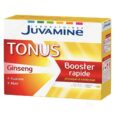 coffret de compléments juvamine tonus booster rapide au ginseng, guarana et maté. l'emballage a un design rouge et jaune et indique qu'il contient 10 ampoules buvables pour l'énergie physique et intellectuelle.