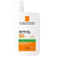flacon blanc de crème solaire la roche posay anthelios uvmune 400 avec spf 50+. il contient un fluide régulateur de sébum, une protection uvb+uva très élevée et des propriétés antioxydantes. le design comprend du texte et des icônes orange sur l'étiquette.