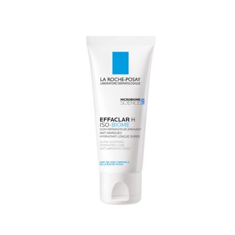 un tube blanc de la roche posay effaclar h iso biome est présenté sur un fond blanc. l'étiquette comporte un texte bleu et noir détaillant ses propriétés apaisantes et anti imperfections.