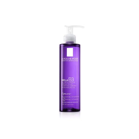 un grand flacon cylindrique violet contenant le sérum mela b3 de la roche posay. il est doté d'un distributeur à pompe transparent sur le dessus et d'un texte blanc sur le devant, comprenant le logo de la marque et les détails du produit.