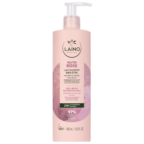 flacon rose de lait nourrissant bien Être nutri rose de laino, doté d'un flacon pompe. le flacon contient 400 ml (13,5 fl oz) et met en valeur une hydratation 24 heures sur 24 et 97 % d'ingrédients naturels.