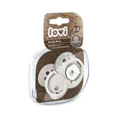 emballage de sucettes pour bébé de la marque « lovi » pour les enfants de 3 à 6 mois, étiqueté « buddy bear ». l'emballage comprend deux sucettes avec un motif d'ours et une empreinte de patte, dotées d'une fonction phosphorescente.
