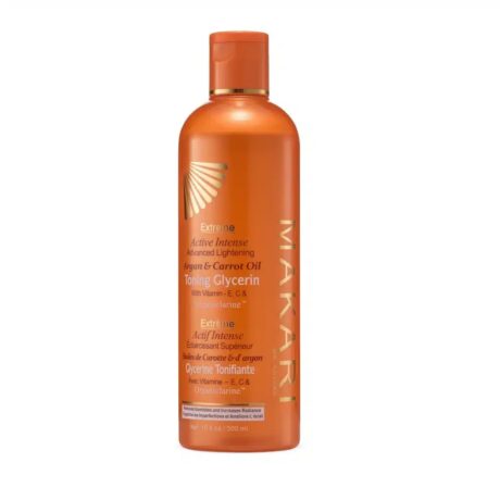 un flacon de glycérine tonifiante intense makari extreme active, contenant de l'huile d'argan et de carotte avec de la vitamine e et c. le flacon orange a des accents dorés et comprend du texte en anglais et en français. capacité : 16,8 oz / 500 ml.