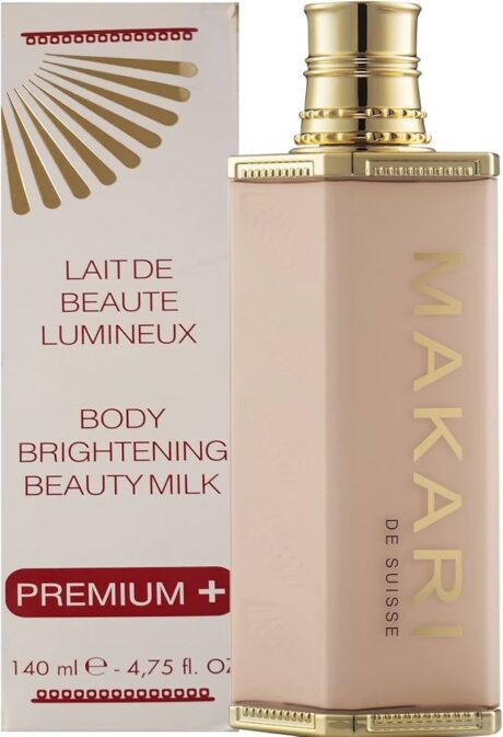 l'image montre une bouteille de lait de beauté éclaircissant pour le corps makari de suisse, à côté de son emballage. la bouteille est rose clair avec des accents dorés et le texte sur la boîte est en français et en anglais.