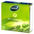 coffret vert de manix gel lubrifiant aloe vera, comprenant trois sachets. le design comprend des images d'aloe vera et met en valeur ses propriétés apaisantes. l'emballage indique l'utilisation du produit pour la lubrification.