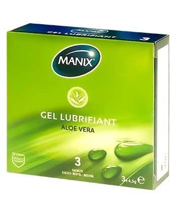 coffret vert de manix gel lubrifiant aloe vera, comprenant trois sachets. le design comprend des images d'aloe vera et met en valeur ses propriétés apaisantes. l'emballage indique l'utilisation du produit pour la lubrification.