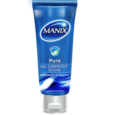 un tube bleu étiqueté « manix pure gel lubrifiant intime » avec un bouchon blanc. l'emballage met en valeur « sans paraben » et mentionne « hydratation & douceur ». un petit logo avec une feuille est visible près du haut.