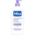flacon blanc de lotion mixa lait panthénol confort avec pompe violette. l'étiquette le présente comme nourrissant et anti démangeaisons, avec 10 % de glycérine et de panthénol, adapté aux peaux très sensibles et réactives.
