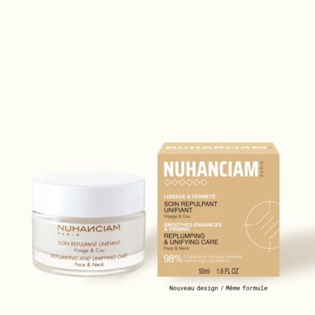 l'image présente un soin nuhanciam paris accompagné d'un pot et d'une boîte assortie. le pot est étiqueté "soin repulpant unifiant" pour le visage et le cou, tandis que la boîte met en avant ses bienfaits lissants et raffermissants avec 98% d'ingrédients d'origine naturelle.
