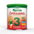 une boîte de lait maternisé blédina nursie croissance pour les enfants de 12 à 36 mois. elle est ornée d'une illustration d'ours et met en valeur les nutriments comme le calcium, les vitamines et les oméga 3. Étiquetée « forti nutri » avec un poids de 400 g.
