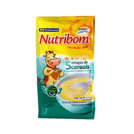 un paquet de céréales pour nourrissons nutribom mingau de 5 cereais. le devant du paquet présente une vache dessinée et un texte soulignant qu'il s'agit d'une préparation instantanée à 5 céréales et sans sucre. le paquet pèse 230 g.