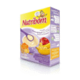 une boîte de céréales nutribon au goût de banane et de pomme. l'emballage présente des images d'un bol de céréales avec une cuillère, ainsi que des illustrations de bananes et de pommes. le texte indique qu'il convient aux bébés de 6 mois et plus.