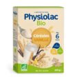 une boîte de physiolac bio céréales vanille pour les nourrissons de 6 mois et plus. composée d'une cuillère avec des céréales, du blé, du riz, de l'avoine et une illustration d'ourson. contient 200 g et est étiquetée biologique sans sucre ajouté ni conservateur.