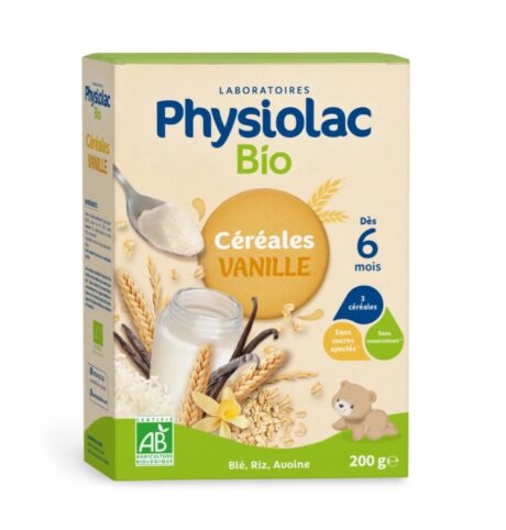 une boîte de physiolac bio céréales vanille pour les nourrissons de 6 mois et plus. composée d'une cuillère avec des céréales, du blé, du riz, de l'avoine et une illustration d'ourson. contient 200 g et est étiquetée biologique sans sucre ajouté ni conservateur.