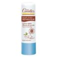 tube de baume à lèvres cavaillès avec un bouchon bleu clair. l'étiquette porte un texte marron et blanc, indiquant « baume lèvres réparateur » et présente une image de noix de karité. les descriptions mentionnent « nourrissant », « protecteur » et « contenant du beurre de karité ».