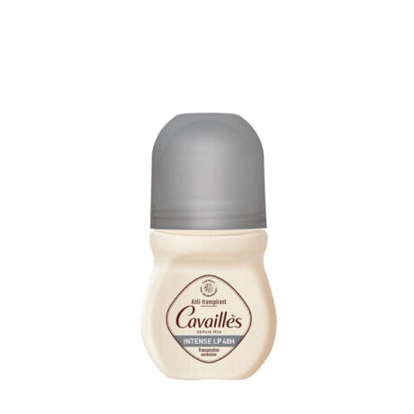 flacon de déodorant à bille beige étiqueté « cavaillès » avec un bouchon transparent. l'étiquette indique « anti transpirant », « intense lp 48h » et mentionne « déodorant crème ».