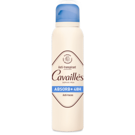 image d'un spray anti transpirant cavaillès. le contenant blanc est doté d'un bouchon bleu et d'une étiquette bien visible avec les inscriptions « absorb+ 48h » et « anti traces ».