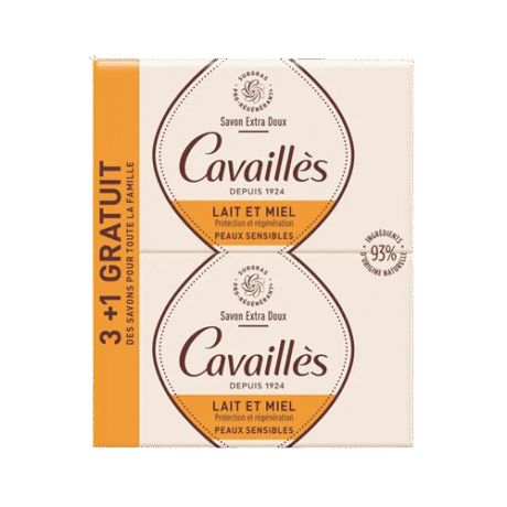 image de deux paquets de savon cavaillès, étiquetés « savon extra doux » et « lait et miel » pour peaux sensibles. le texte bien visible sur le côté indique « 3+1 gratuit », ce qui indique une promotion. le design présente des tons crème et orange.