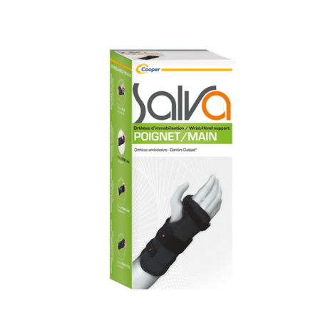 emballage pour l'orthèse de poignet et de main salva. la boîte présente une image de l'orthèse noire portée sur une main, avec un texte en français et en anglais la décrivant comme une orthèse d'immobilité.