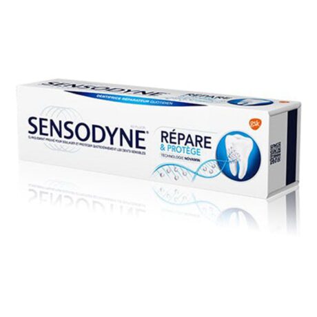 une boîte de dentifrice sensodyne étiquetée « répare & protège ». l'emballage présente des visuels de la technologie de la dentine et un graphique de dent. le logo de la marque et le logo de glaxosmithkline sont visibles sur la boîte.