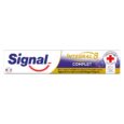l'image montre un tube de dentifrice signal integral 8 complete dans son emballage. la boîte présente un motif smiley à côté du nom de la marque et un logo indiquant un partenariat avec la croix rouge française.