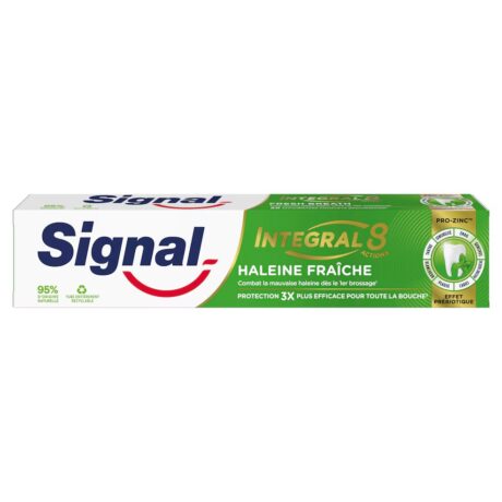 image d'une boîte de dentifrice signal integral 8. l'emballage est principalement blanc avec des touches de vert et comporte le logo, le nom du produit et des mentions telles que « haleine fraîche » et « protection 3x plus efficace pour toute la bouche ».