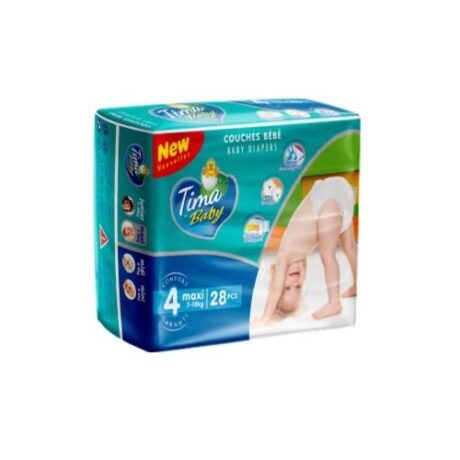 paquet de couches tima baby taille 4, 7 18 kg, contenant 28 pièces. l'emballage présente un bébé dans une couche blanche, des graphismes colorés et divers détails du produit, notamment des icônes indiquant le confort et l'absorption.