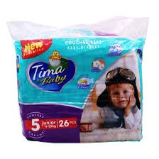 paquet de couches tima baby pour juniors, taille 5 (11 25 kg), contenant 26 pièces. l'emballage présente une image d'un bébé portant des lunettes d'aviateur et reposant sur ses bras.