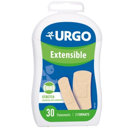 l'image montre un paquet de pansements extensibles urgo. la boîte est blanche avec des étiquettes vertes et bleues, affichant une image de deux pansements, et contient 30 pièces de deux tailles différentes.