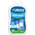 image d'un emballage en plastique blanc étiqueté « urgo waterproof ». il contient 20 pansements adhésifs en deux formats. l'emballage est bleu et blanc avec un logo et une illustration de pansements.