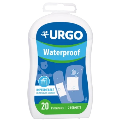 image d'un emballage en plastique blanc étiqueté « urgo waterproof ». il contient 20 pansements adhésifs en deux formats. l'emballage est bleu et blanc avec un logo et une illustration de pansements.