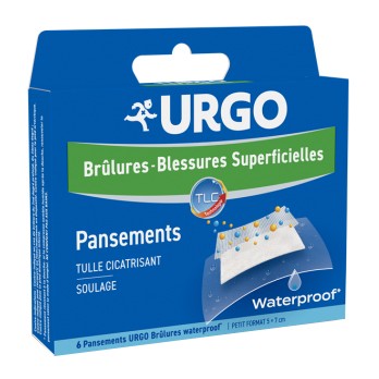 boîte bleue et verte de pansements imperméables urgo pour brûlures et plaies légères, avec image du produit et étiquettes en français. contient six pièces.