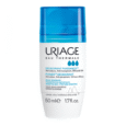 flacon de 50 ml de déodorant uriage eau thermale power 3, avec un bouchon bleu et une étiquette blanche. l'étiquette comporte un texte sur les propriétés anti odeurs, anti transpirantes, l'efficacité 24 heures et l'adéquation aux peaux sensibles.