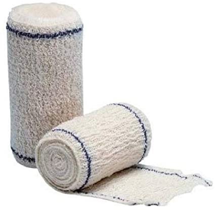 deux bandages blancs enroulés aux bords bleus sont représentés. l'un est dressé tandis que l'autre est partiellement déroulé, révélant son tissu texturé et extensible.