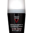 flacon déodorant roll on noir de 50 ml de vichy homme pour peaux sensibles. il garantit une protection anti transpirante de 72 heures, est sans alcool et sans parabène. le flacon est doté d'un bouchon blanc arrondi et le texte est en blanc et rouge.