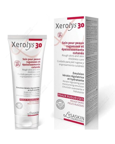 un tube et une boîte de xerolys 30, un soin conçu pour les peaux rugueuses et épaisses. l'emballage comprend du texte en français, en anglais et en espagnol, soulignant ses propriétés kérato régulatrices.