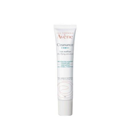 tube blanc d'emulsion matifiante cleanance d'avène avec un texte orange et bleu sarcelle sur le devant, debout. le design du tube présente les détails du produit et est conçu pour les soins de la peau, en particulier le contrôle du sébum et l'hydratation.