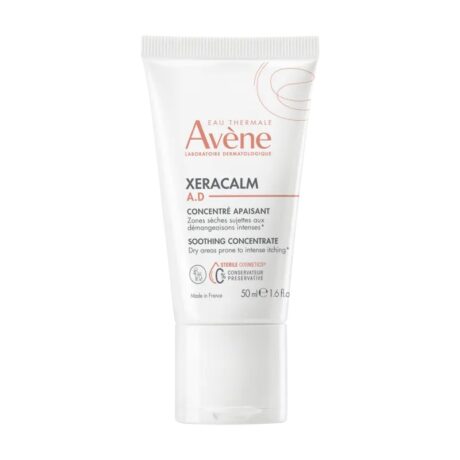 tube blanc de concentré apaisant avène xeracalm a.d, 50 ml, avec texte orange et noir. le produit est destiné aux zones sèches sujettes à des démangeaisons intenses.